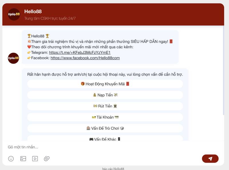 Hỗ trợ trực tuyến trên website Hello88